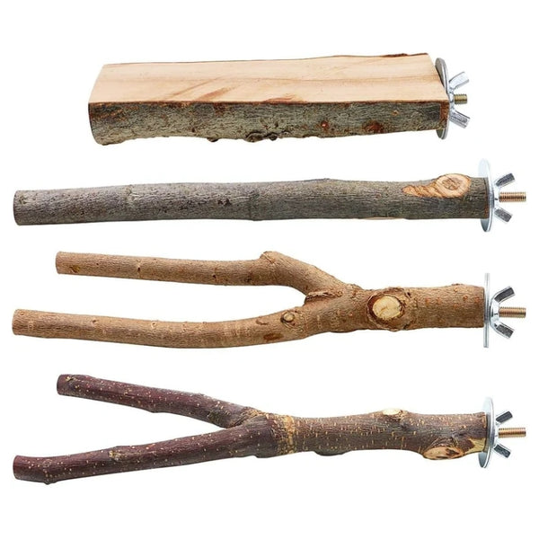 Four natural bird perch branches with metal wing fasteners on a plain white background.