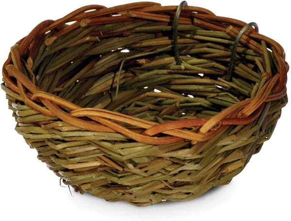 A small woven basket made from natural brown and tan wicker strips, with a dark metal loop handle, shown on a plain white background.