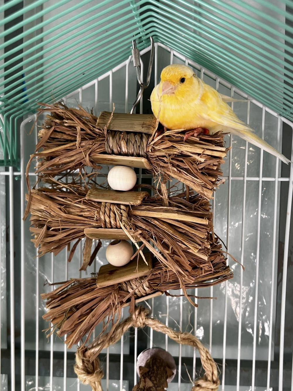 A small yellow canary perched on a hanging bird toy made of stacked natural straw nests with wooden perches and two white bird eggs, set inside a white cage with a mint green top.
