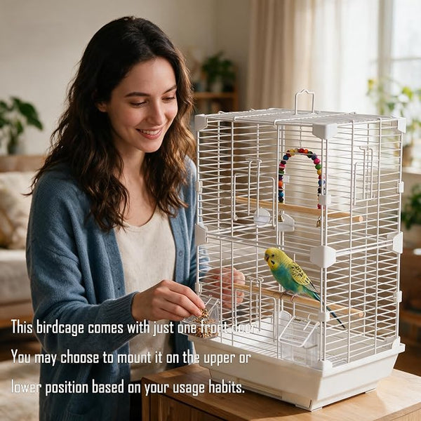 A woman in a blue cardigan smiles while placing food into a white two-tier bird cage with a small green and yellow bird inside. The scene is set in a bright, modern living room with a wooden table in the foreground, and text overlays explain the product's mounting options.