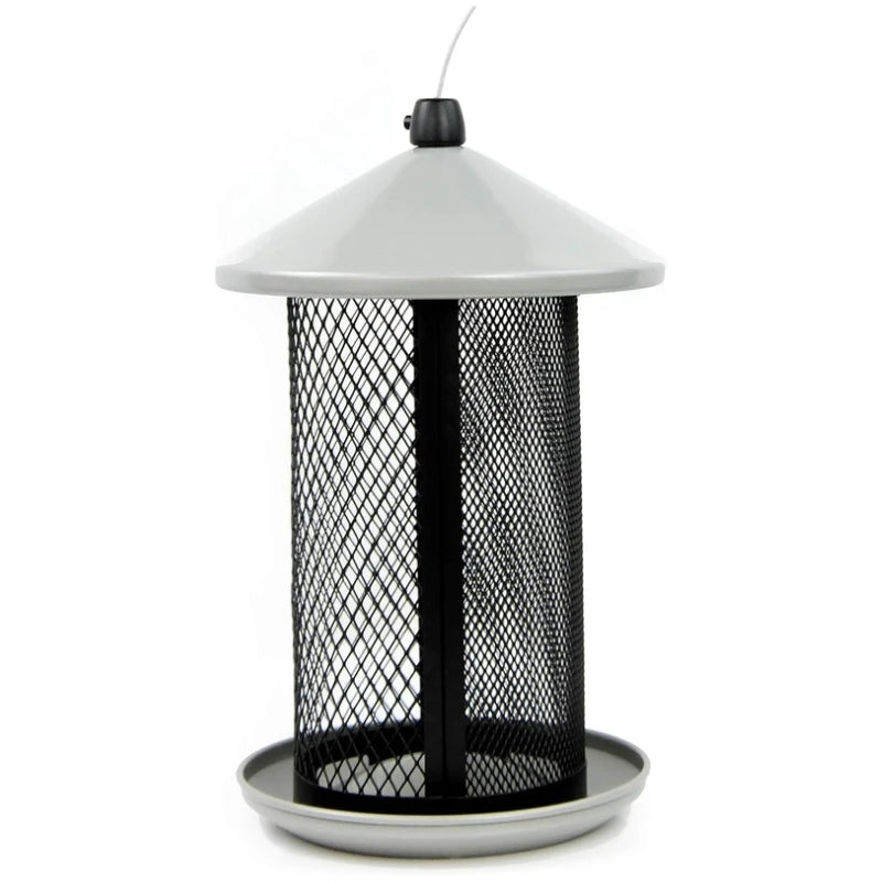A hanging insect trap with a gray metal conical roof and base, and a black mesh body, shown on a plain white background.