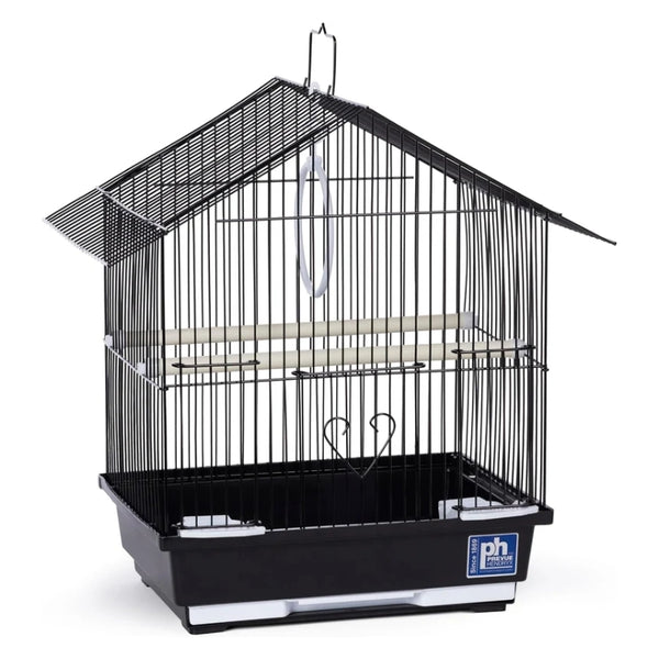 A black metal bird cage with a house-shaped roof, a black plastic tray, a light wood perching bar, and a hanging wire hook, shown on a white background. A blue 'ph' brand sticker is visible on the front of the tray.