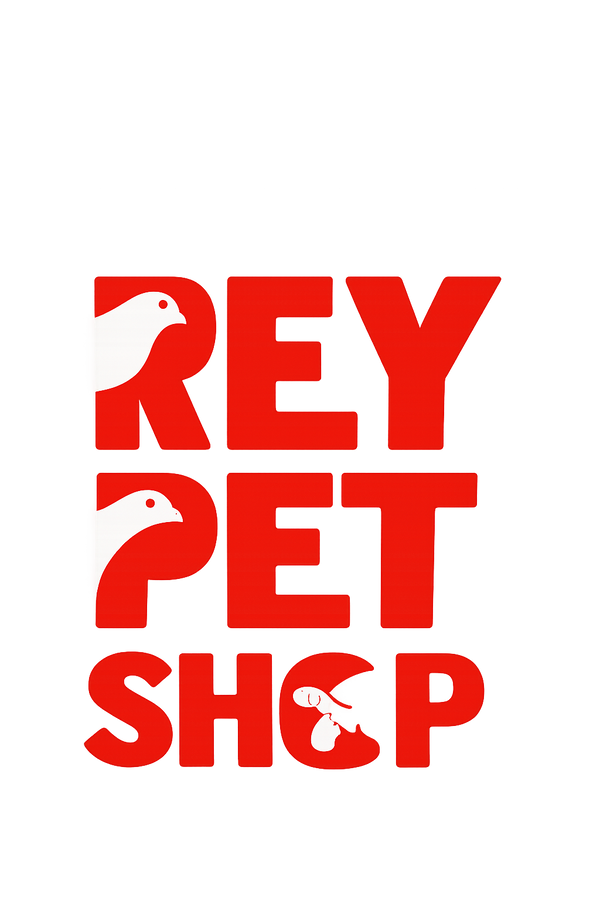 A graphic logo reading 'REY PET SHOP' in bold red letters on a plain white background, with small white pet silhouettes integrated into some letters.