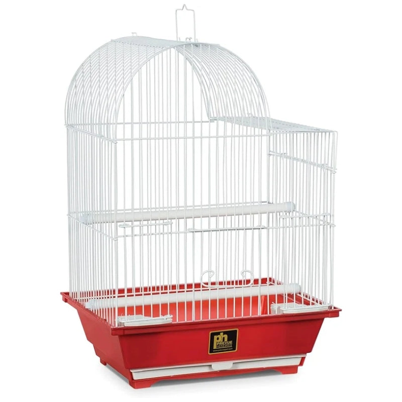 A white metal bird cage with a red plastic bottom tray, shown on a plain white background. The brand logo 'PHI' is visible on the front of the tray.