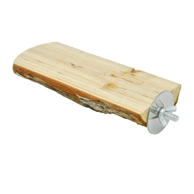 A natural wood block with a live edge and a silver metal wing nut fastener on one end, shown on a plain white background.
