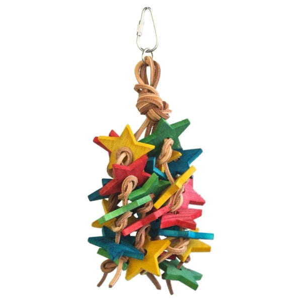 A colorful bird toy made of nested star-shaped wooden pieces in yellow, green, blue, and red, tied together with tan rope and hanging from a metal carabiner clip, shown on a plain white background.